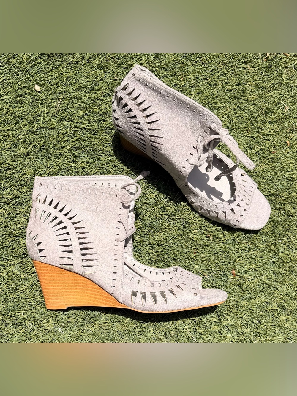 Light Gray Suede Peep-Toe Wedge Sandals - Women
